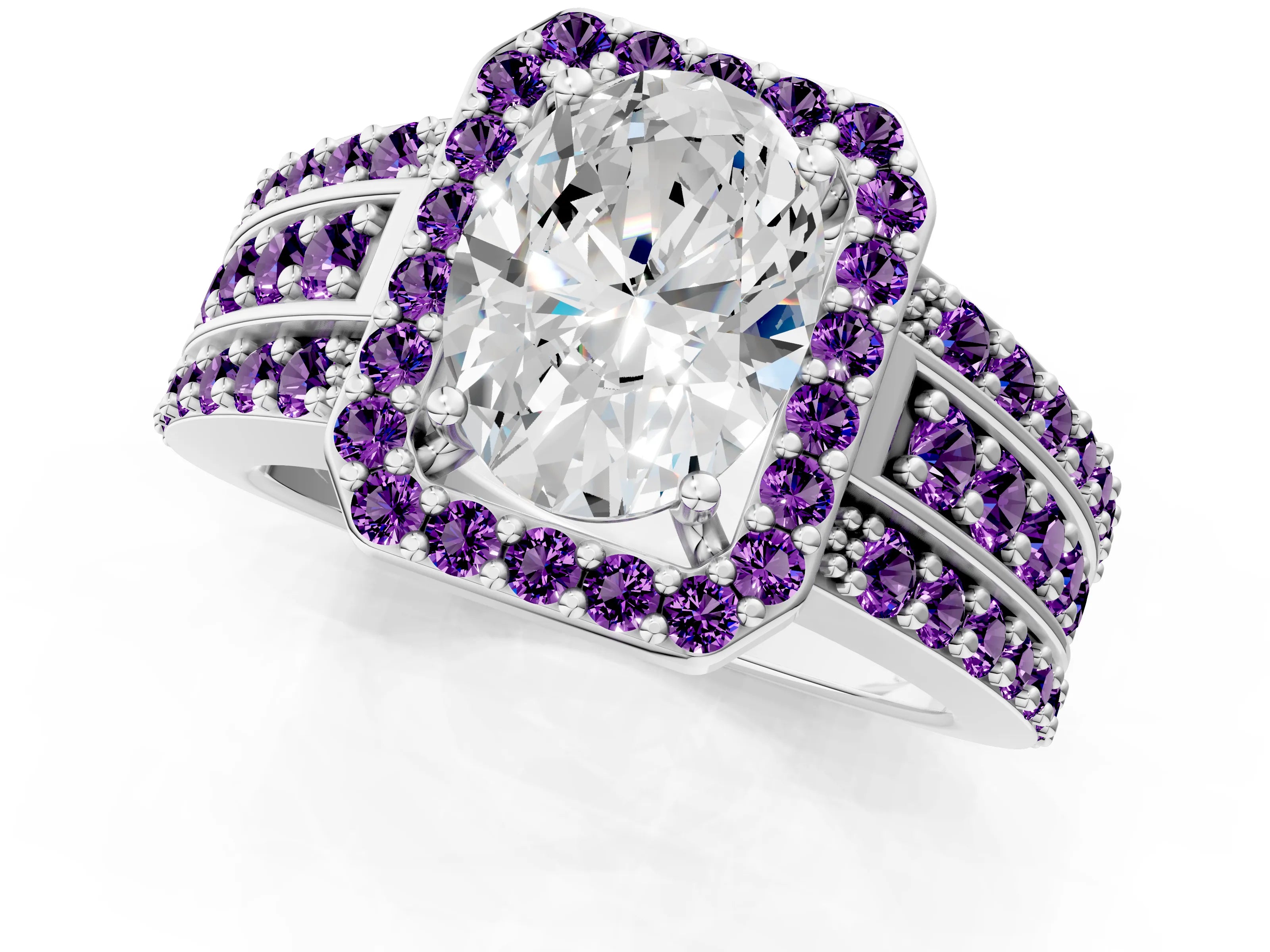 White gold Oval Cut Halo Diamond Ring with Round with Amethyst side stone Split Shank and Prong Setting_49