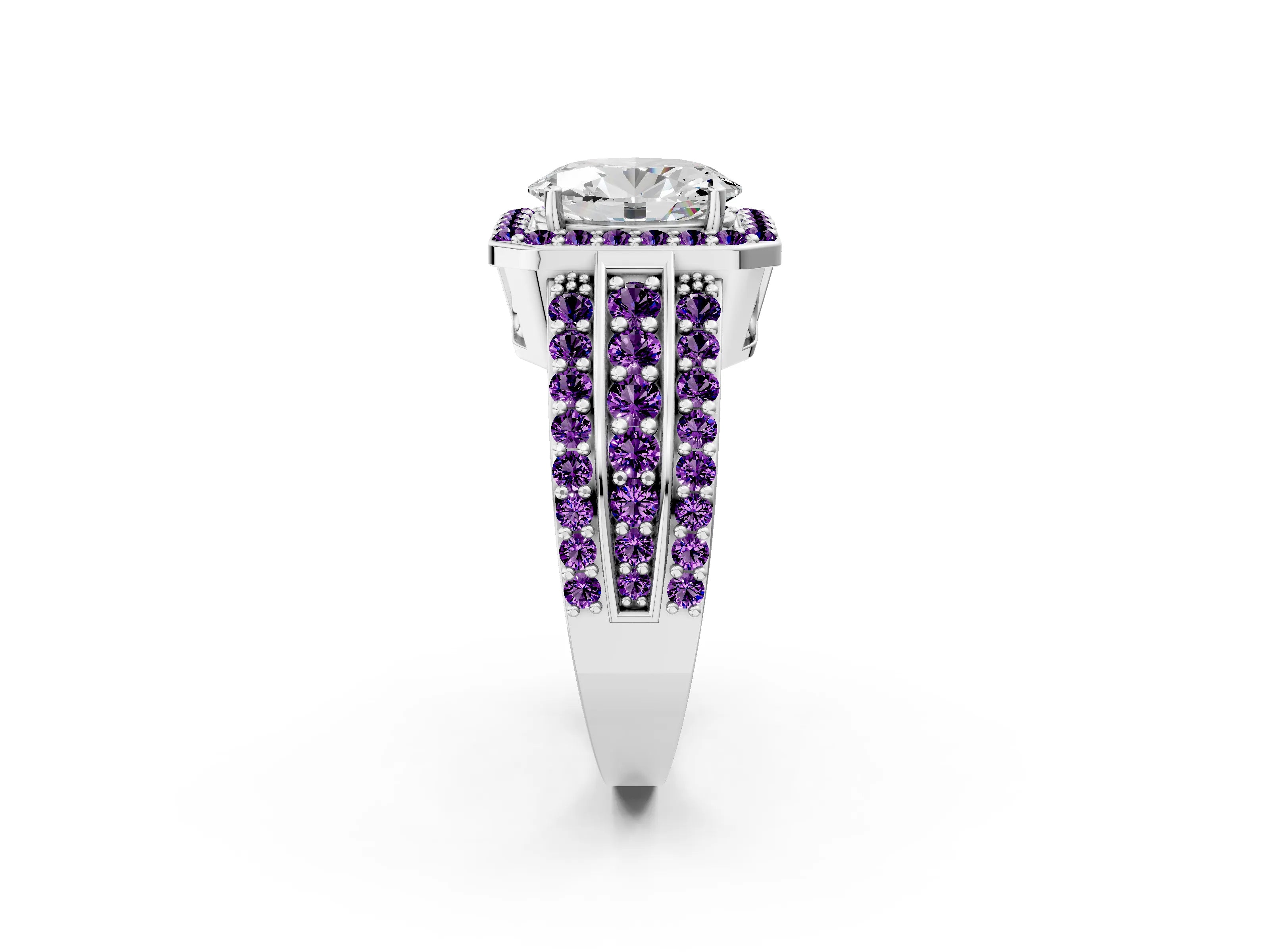 White gold Oval Cut Halo Diamond Ring with Round with Amethyst side stone Split Shank and Prong Setting_50