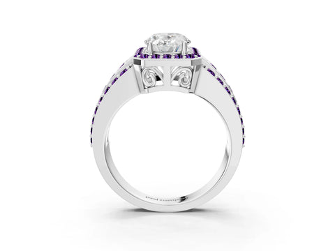 White gold Oval Cut Halo Diamond Ring with Round with Amethyst side stone Split Shank and Prong Setting_51