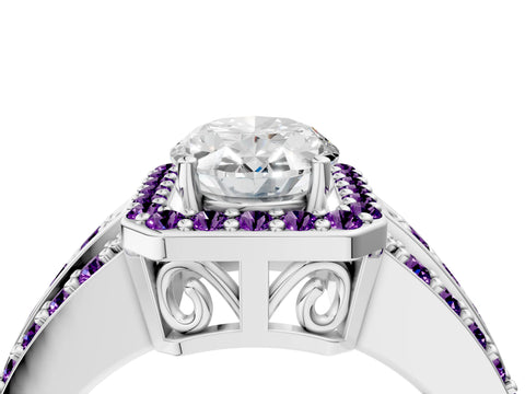 White gold Oval Cut Halo Diamond Ring with Round with Amethyst side stone Split Shank and Prong Setting_52