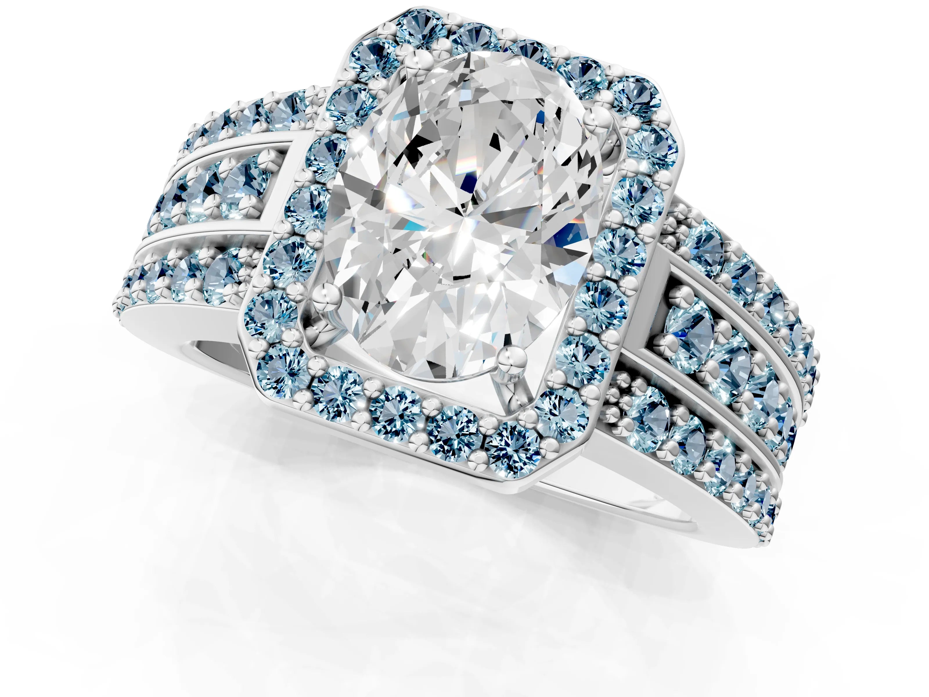 White gold Oval Cut Halo Diamond Ring with Round with Aquamarine side stone Split Shank and Prong Setting_1