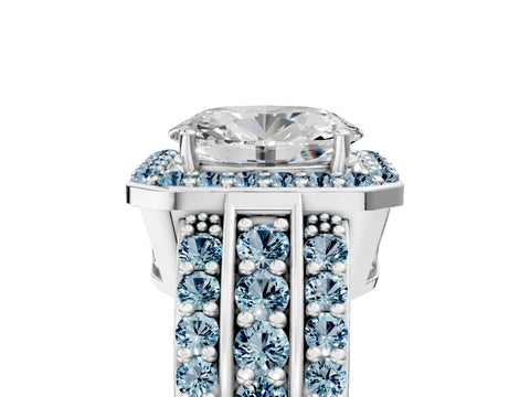White gold Oval Cut Halo Diamond Ring with Round with Aquamarine side stone Split Shank and Prong Setting_29