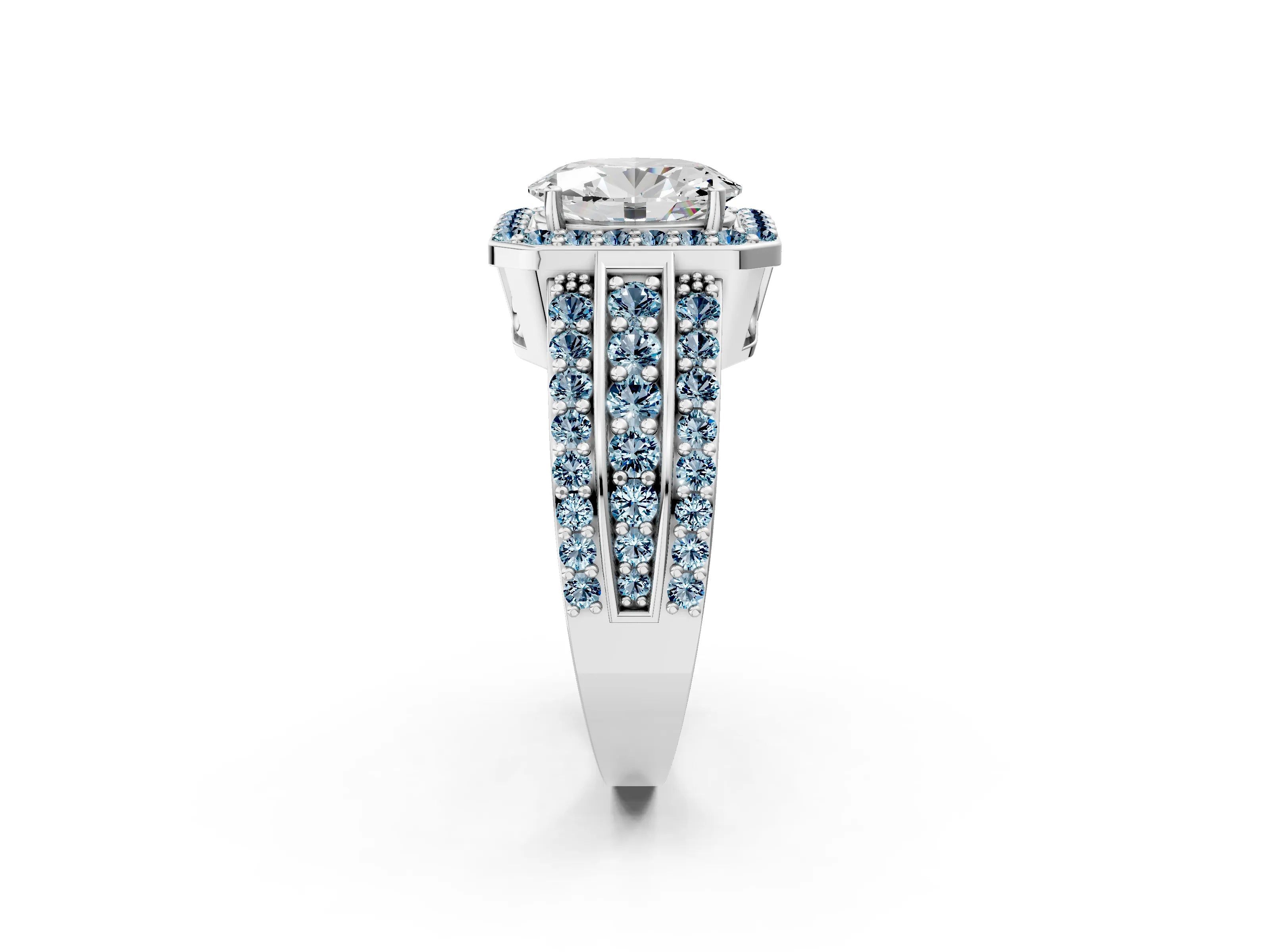 White gold Oval Cut Halo Diamond Ring with Round with Aquamarine side stone Split Shank and Prong Setting_2