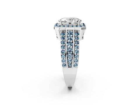 White gold Oval Cut Halo Diamond Ring with Round with Aquamarine side stone Split Shank and Prong Setting_2