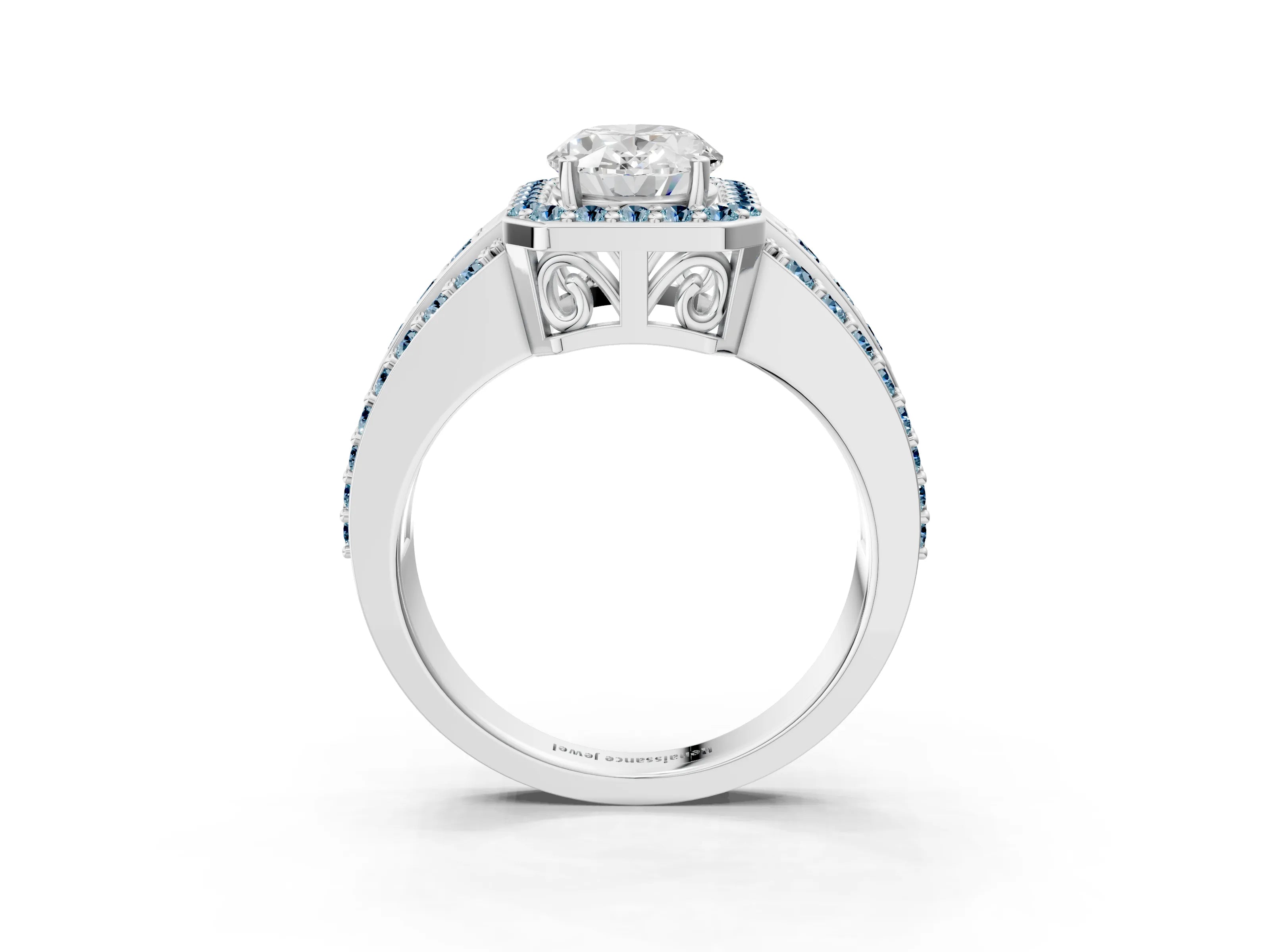 White gold Oval Cut Halo Diamond Ring with Round with Aquamarine side stone Split Shank and Prong Setting_3