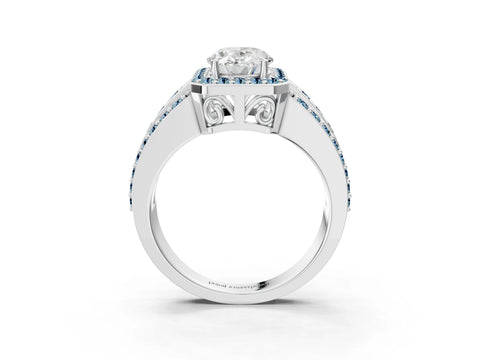 White gold Oval Cut Halo Diamond Ring with Round with Aquamarine side stone Split Shank and Prong Setting_3