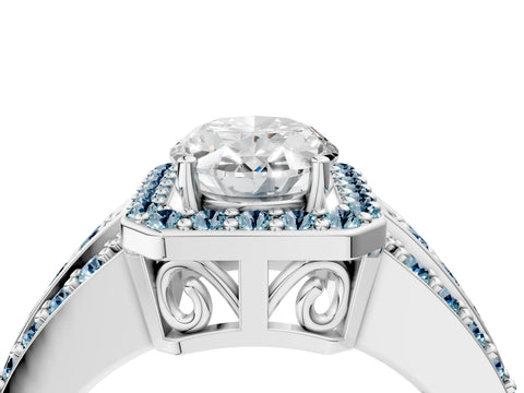 White gold Oval Cut Halo Diamond Ring with Round with Aquamarine side stone Split Shank and Prong Setting_4