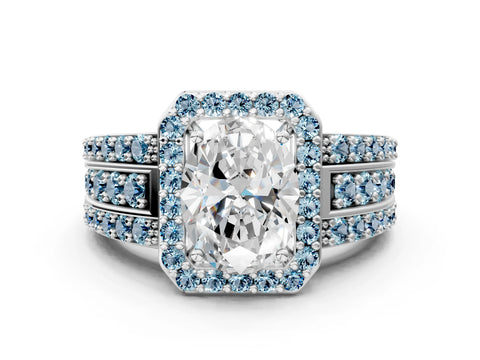 White gold Oval Cut Halo Diamond Ring with Round with Aquamarine side stone Split Shank and Prong Setting
