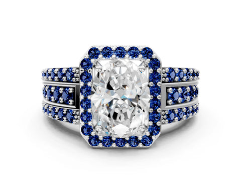 White gold Oval Cut Halo Diamond Ring with Round with Blue Sapphire side stone Split Shank and Prong Setting_24