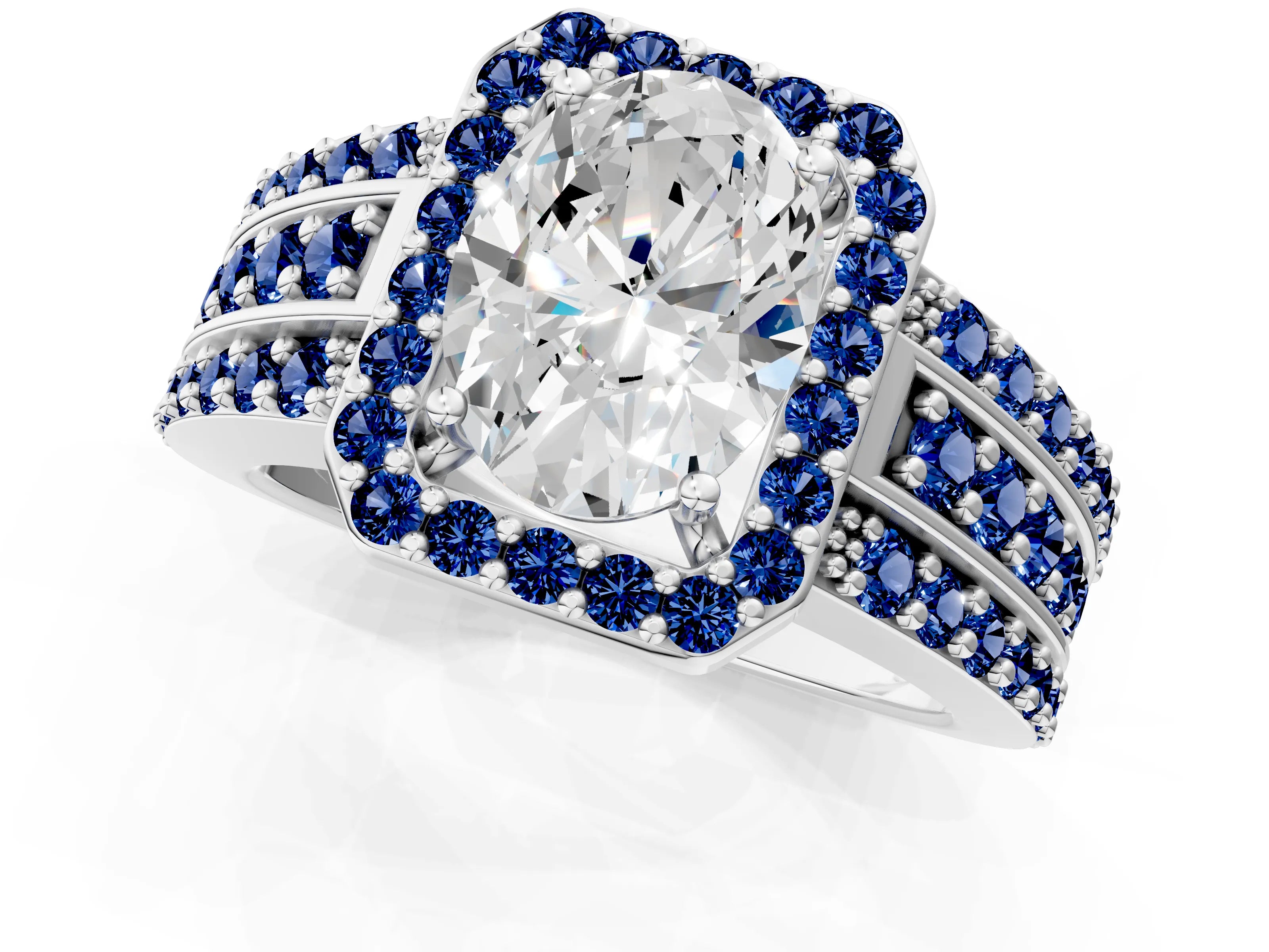 White gold Oval Cut Halo Diamond Ring with Round with Blue Sapphire side stone Split Shank and Prong Setting_25