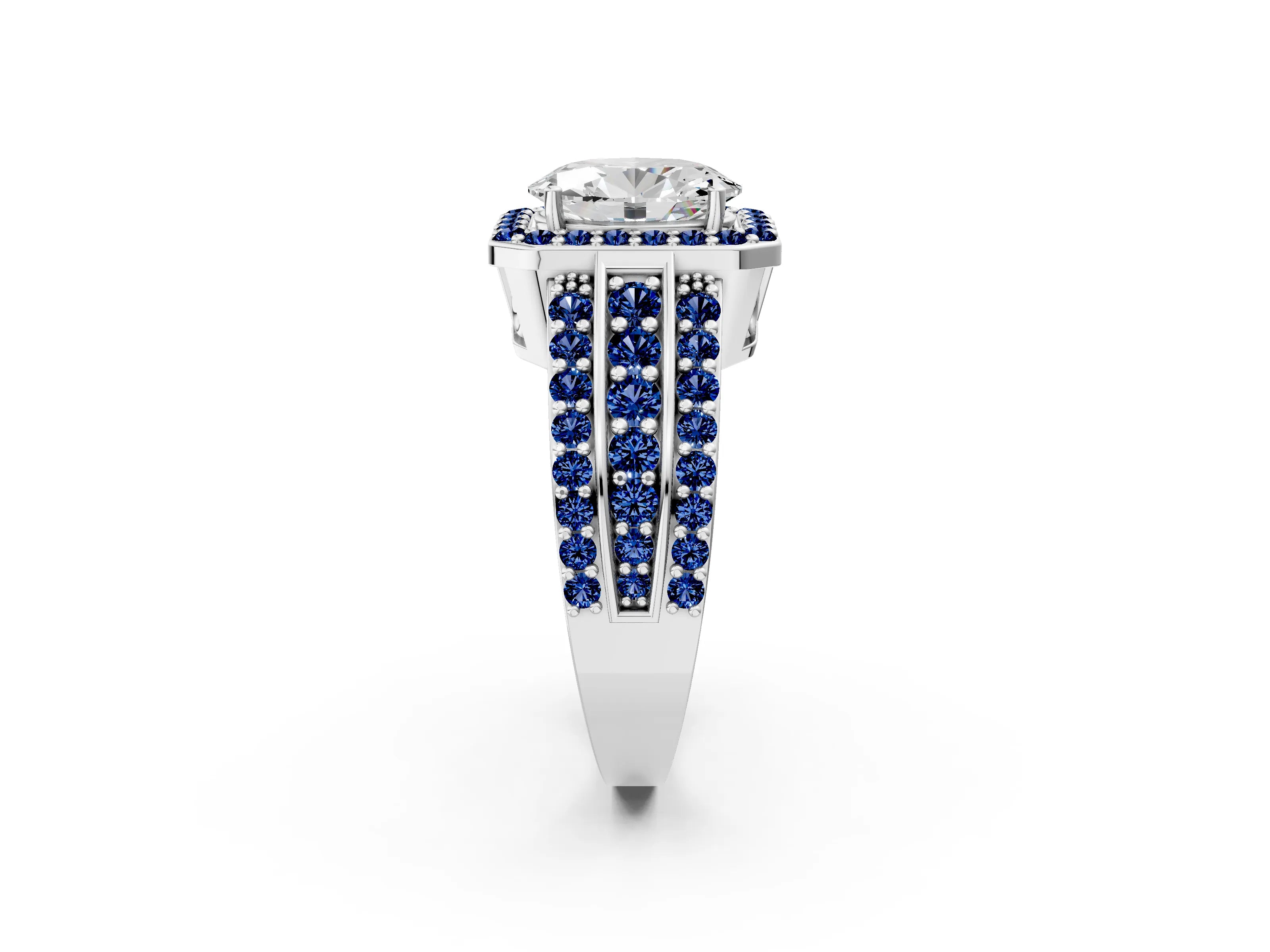 White gold Oval Cut Halo Diamond Ring with Round with Blue Sapphire side stone Split Shank and Prong Setting_26