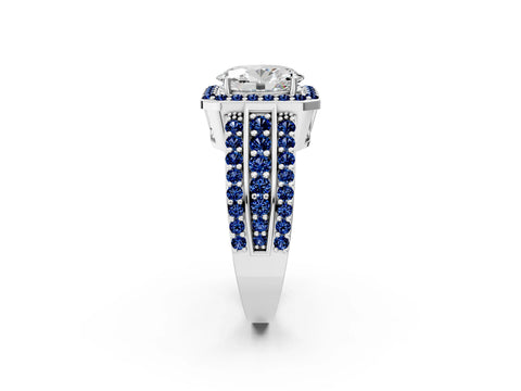 White gold Oval Cut Halo Diamond Ring with Round with Blue Sapphire side stone Split Shank and Prong Setting_26
