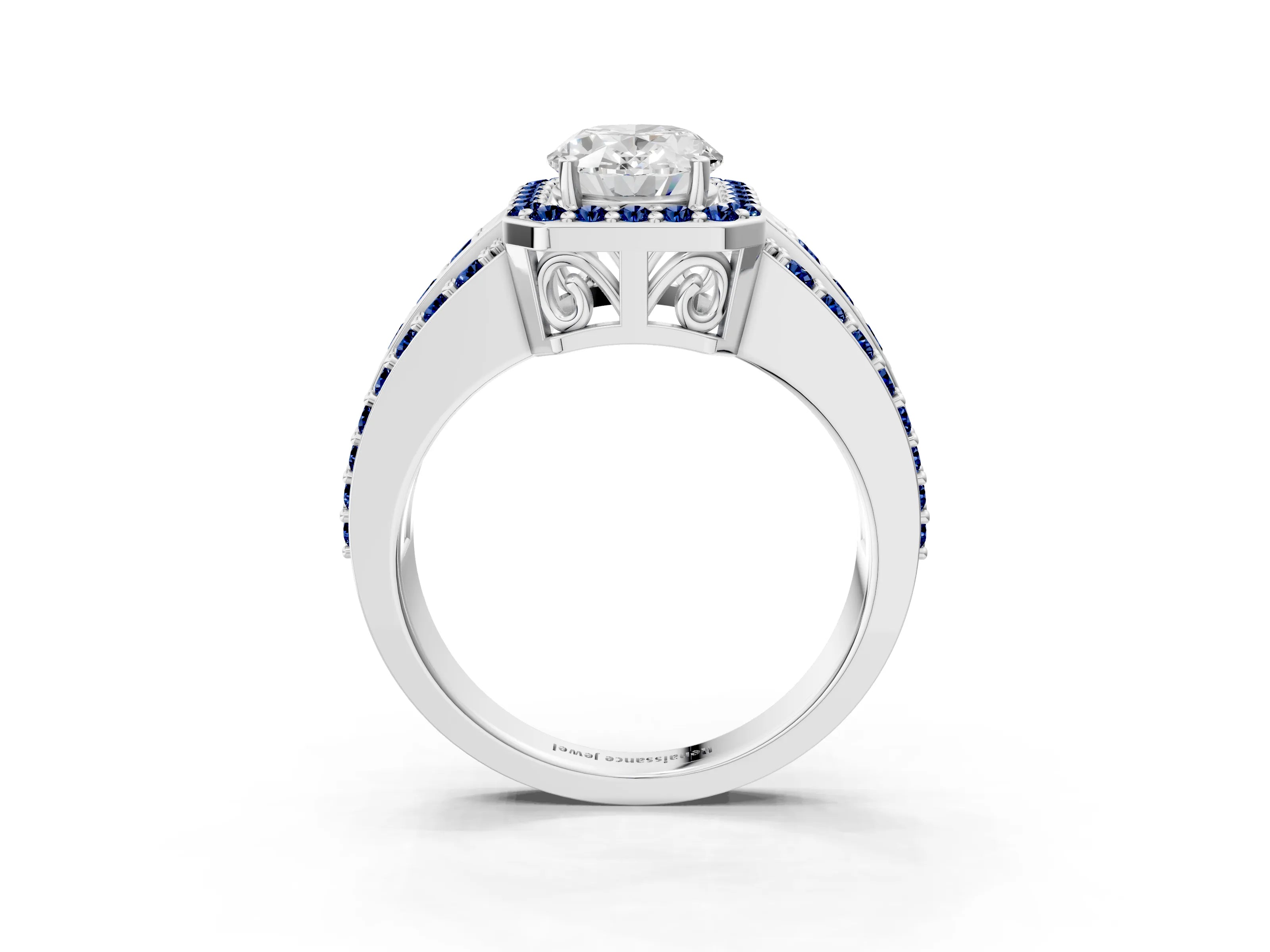 White gold Oval Cut Halo Diamond Ring with Round with Blue Sapphire side stone Split Shank and Prong Setting_27