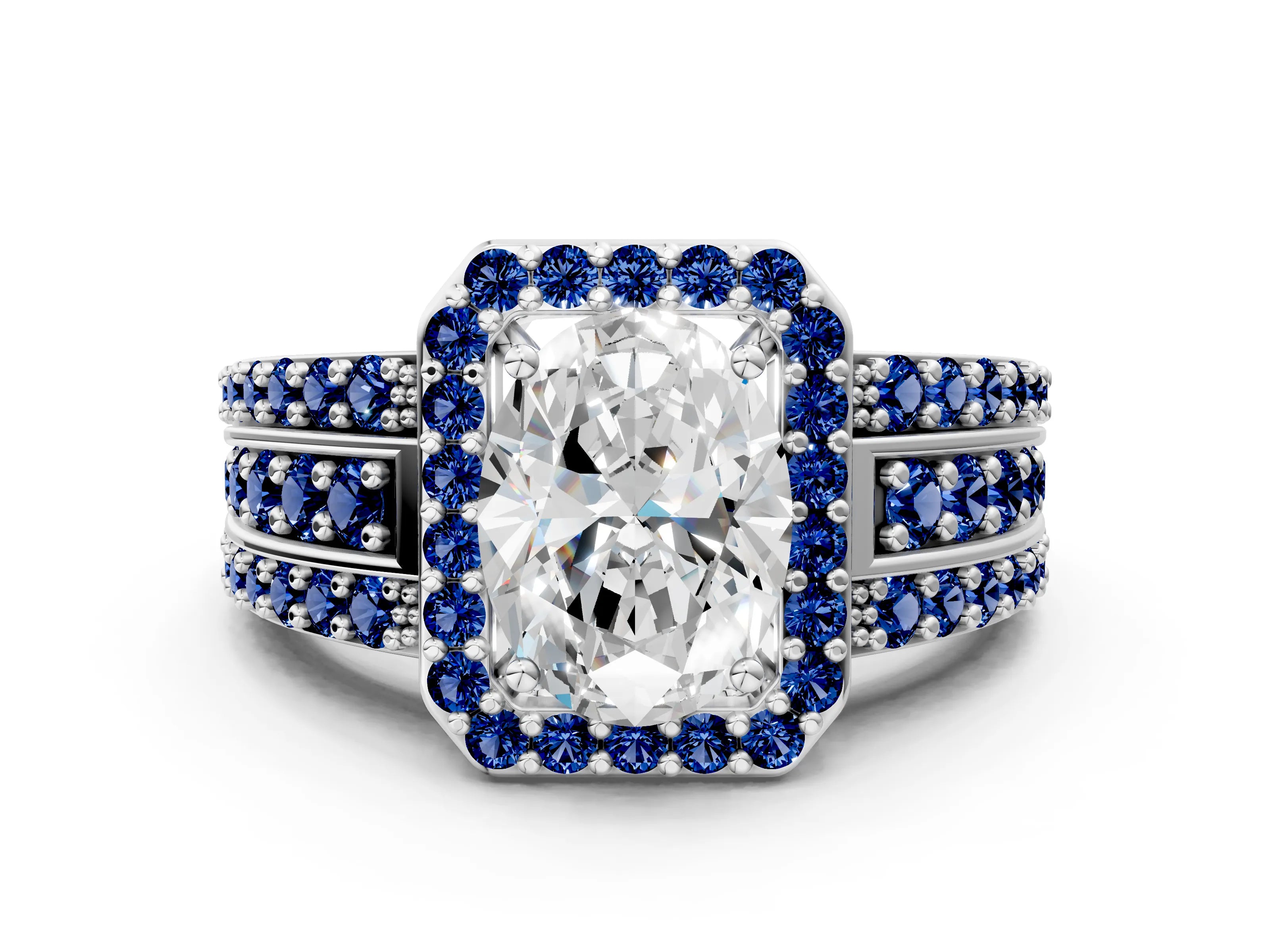 White gold Oval Cut Halo Diamond Ring with Round with Blue Sapphire side stone Split Shank and Prong Setting_48
