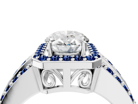 White gold Oval Cut Halo Diamond Ring with Round with Blue Sapphire side stone Split Shank and Prong Setting_52