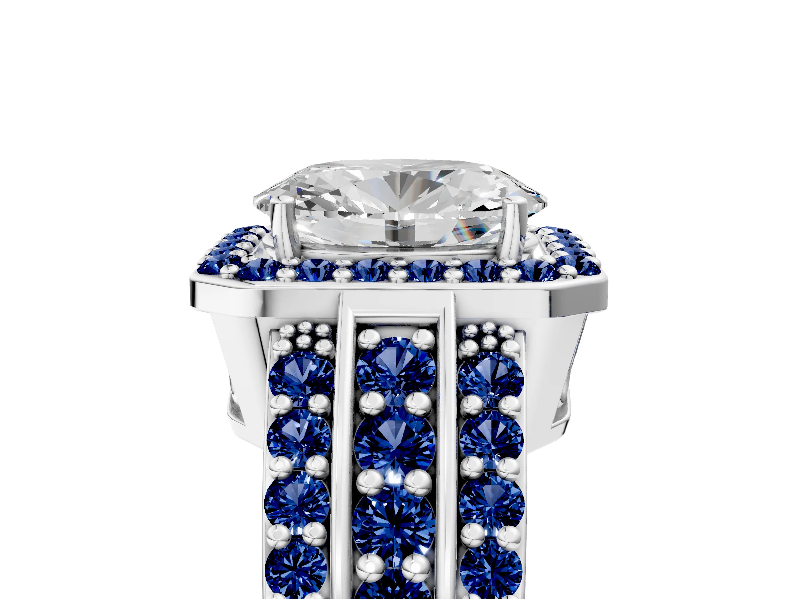 White gold Oval Cut Halo Diamond Ring with Round with Blue Sapphire side stone Split Shank and Prong Setting_53