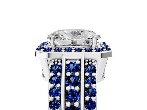 White gold Oval Cut Halo Diamond Ring with Round with Blue Sapphire side stone Split Shank and Prong Setting_53