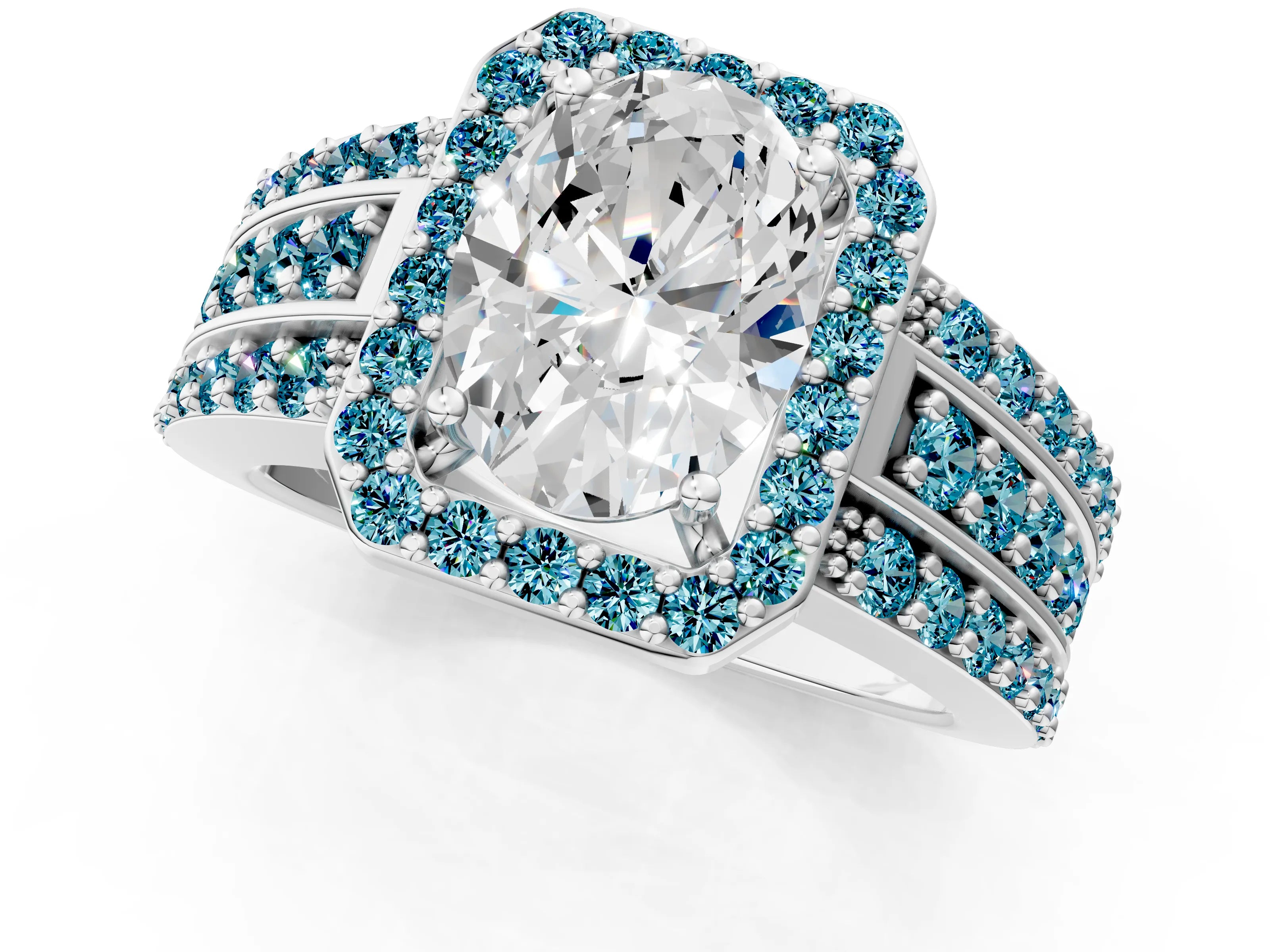 White gold Oval Cut Halo Diamond Ring with Round with Blue Topaz side stone Split Shank and Prong Setting_25