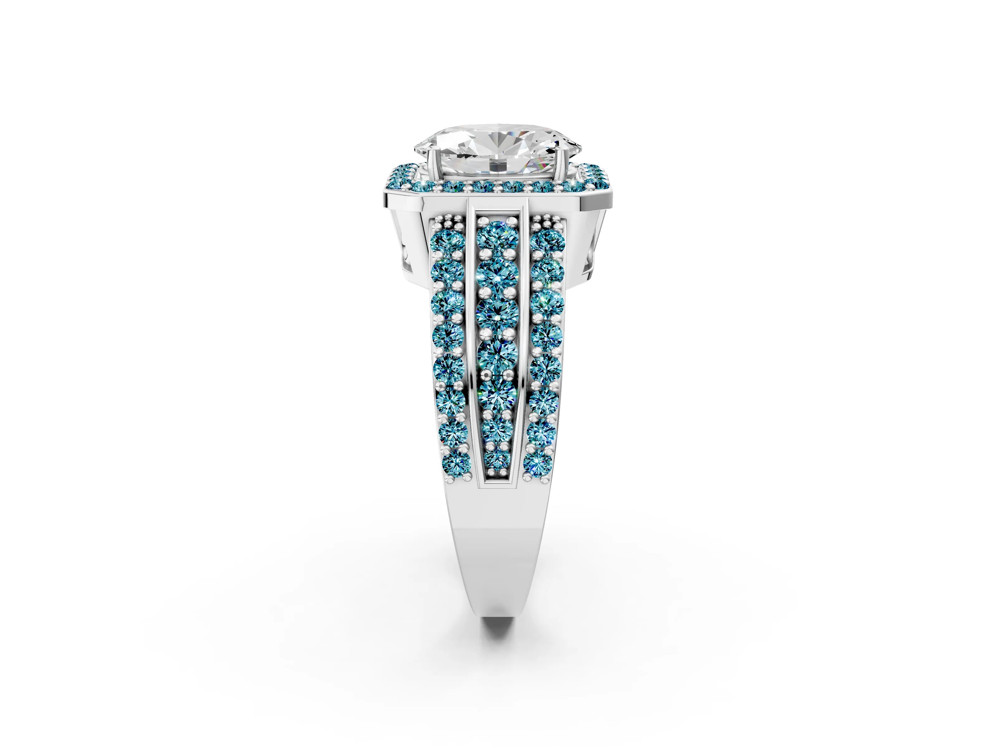 White gold Oval Cut Halo Diamond Ring with Round with Blue Topaz side stone Split Shank and Prong Setting_26