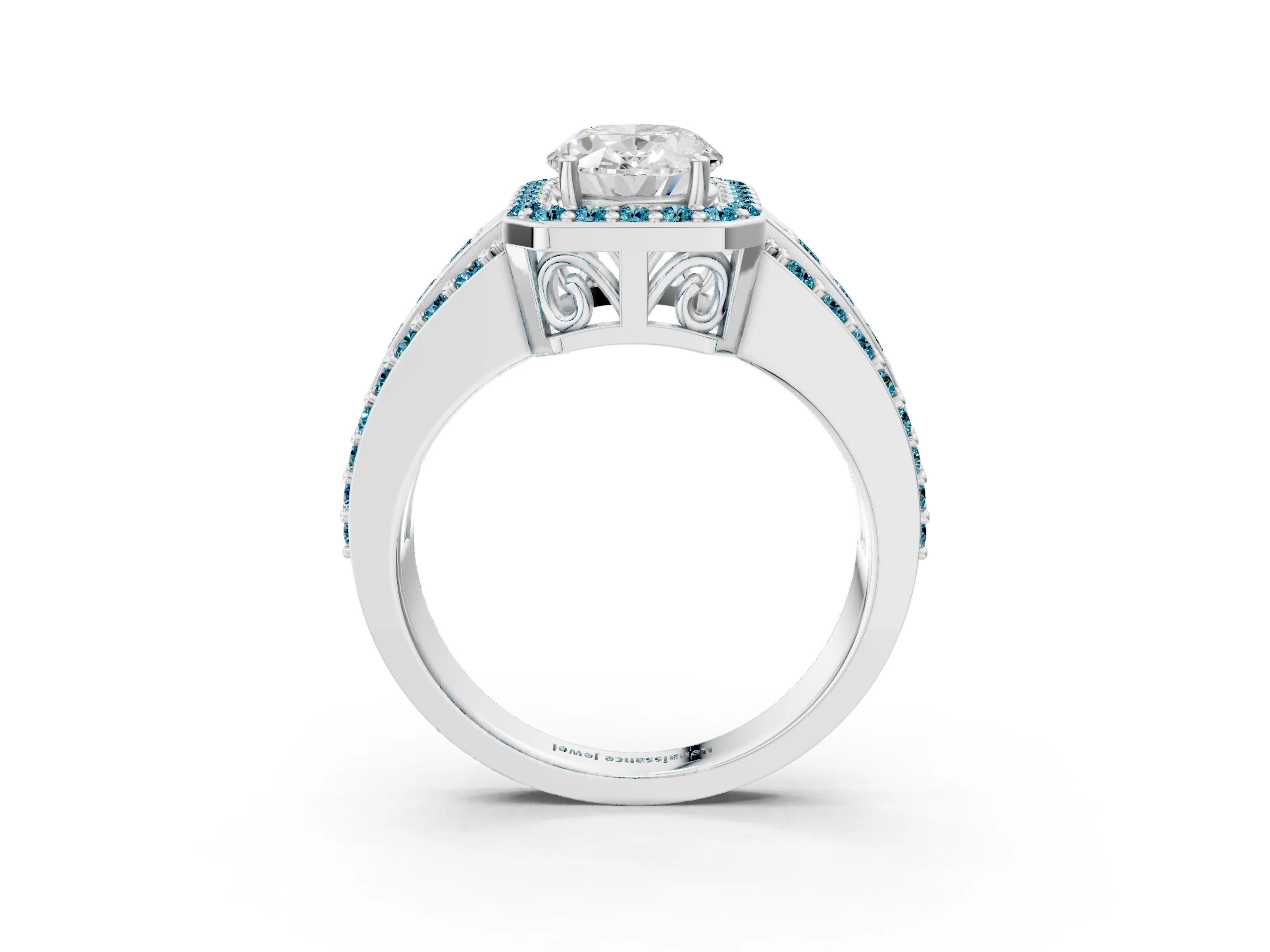 White gold Oval Cut Halo Diamond Ring with Round with Blue Topaz side stone Split Shank and Prong Setting_27