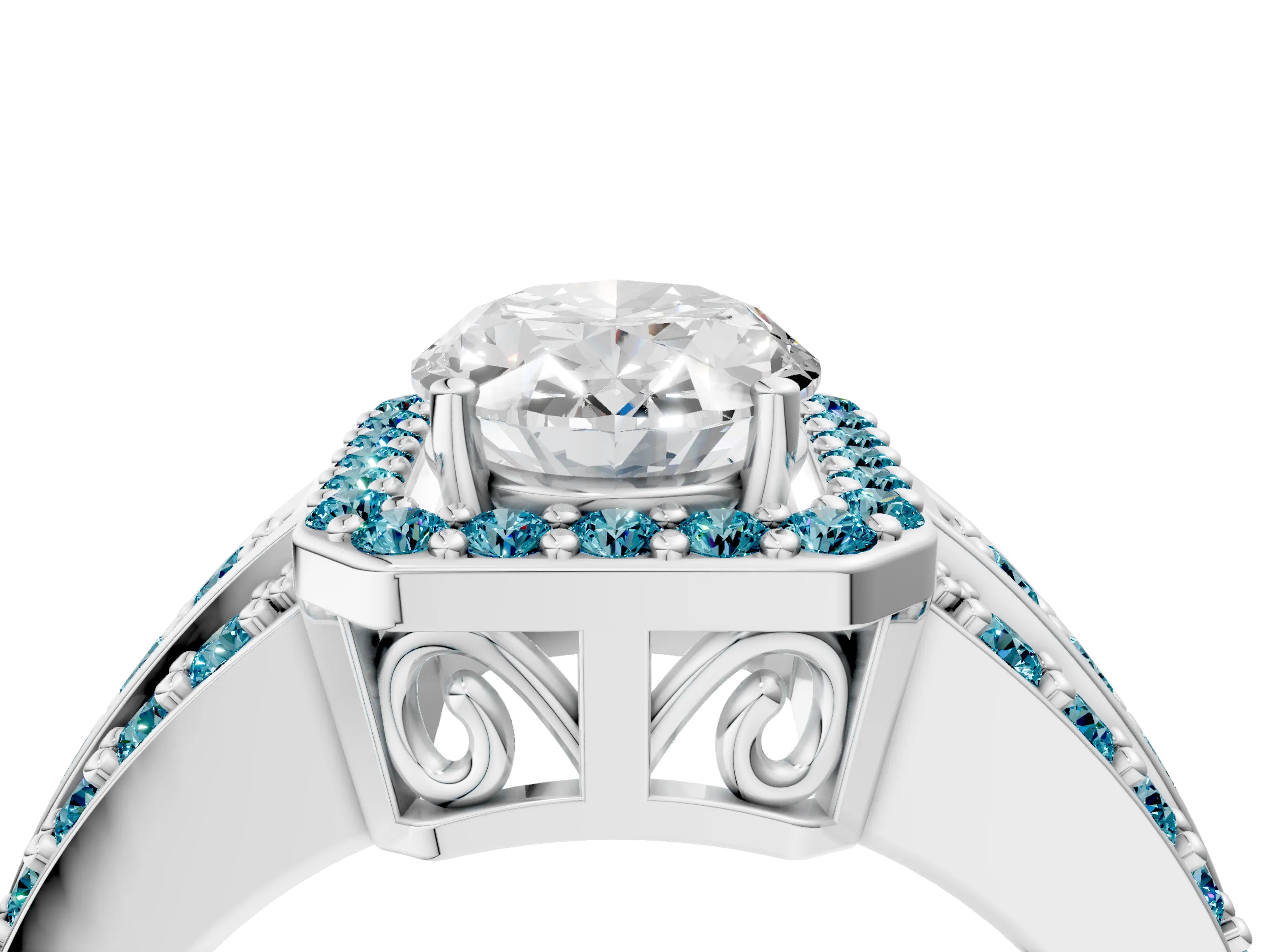 White gold Oval Cut Halo Diamond Ring with Round with Blue Topaz side stone Split Shank and Prong Setting_28