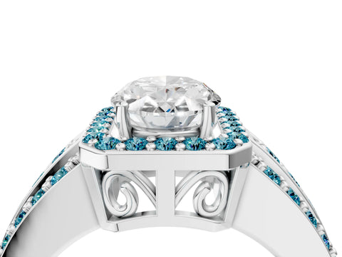 White gold Oval Cut Halo Diamond Ring with Round with Blue Topaz side stone Split Shank and Prong Setting_28