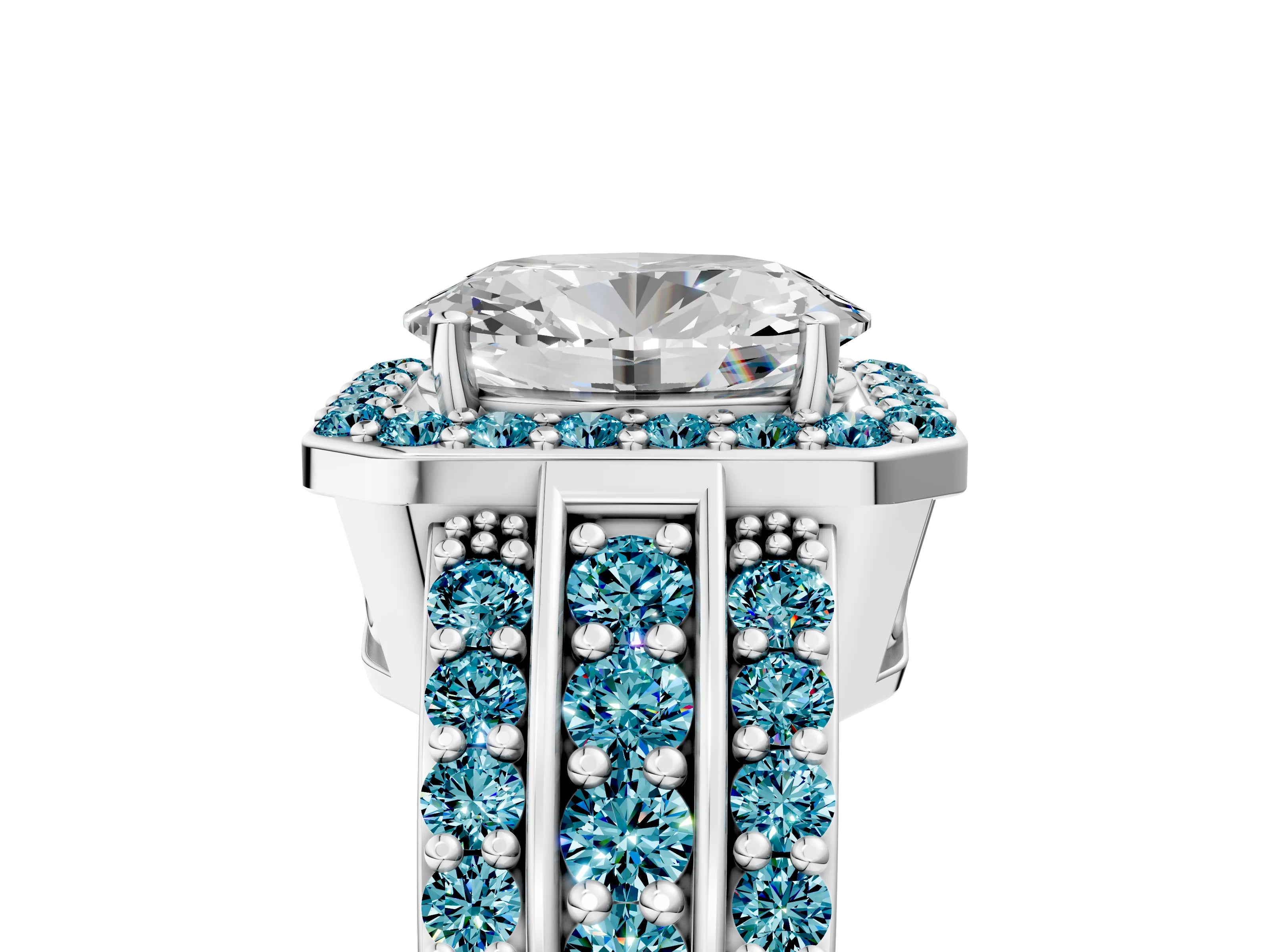 White gold Oval Cut Halo Diamond Ring with Round with Blue Topaz side stone Split Shank and Prong Setting_29