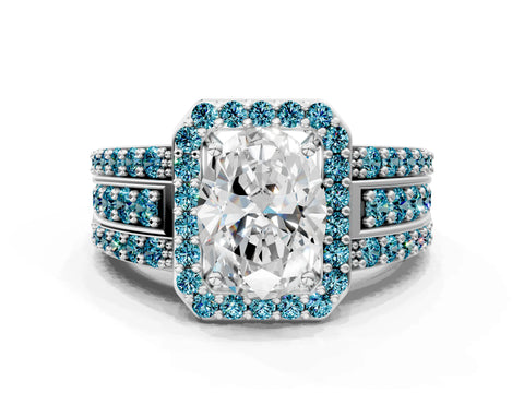 White gold Oval Cut Halo Diamond Ring with Round with Blue Topaz side stone Split Shank and Prong Setting_48