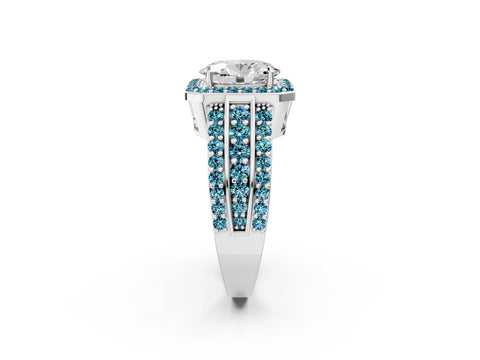 White gold Oval Cut Halo Diamond Ring with Round with Blue Topaz side stone Split Shank and Prong Setting_50
