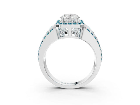 White gold Oval Cut Halo Diamond Ring with Round with Blue Topaz side stone Split Shank and Prong Setting_51