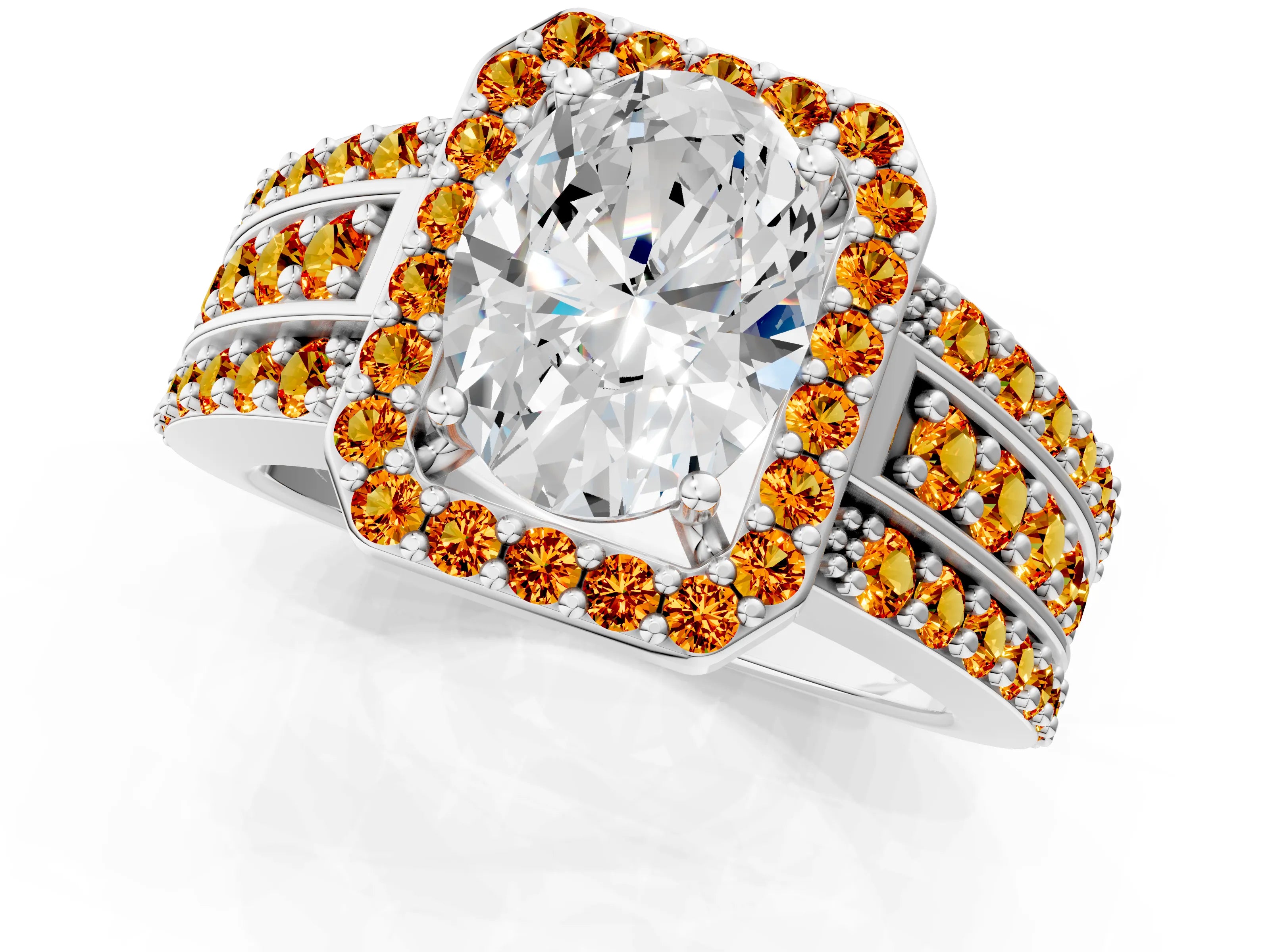 White gold Oval Cut Halo Diamond Ring with Round with Citrine side stone Split Shank and Prong Setting_13