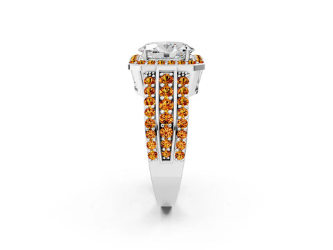 White gold Oval Cut Halo Diamond Ring with Round with Citrine side stone Split Shank and Prong Setting_14