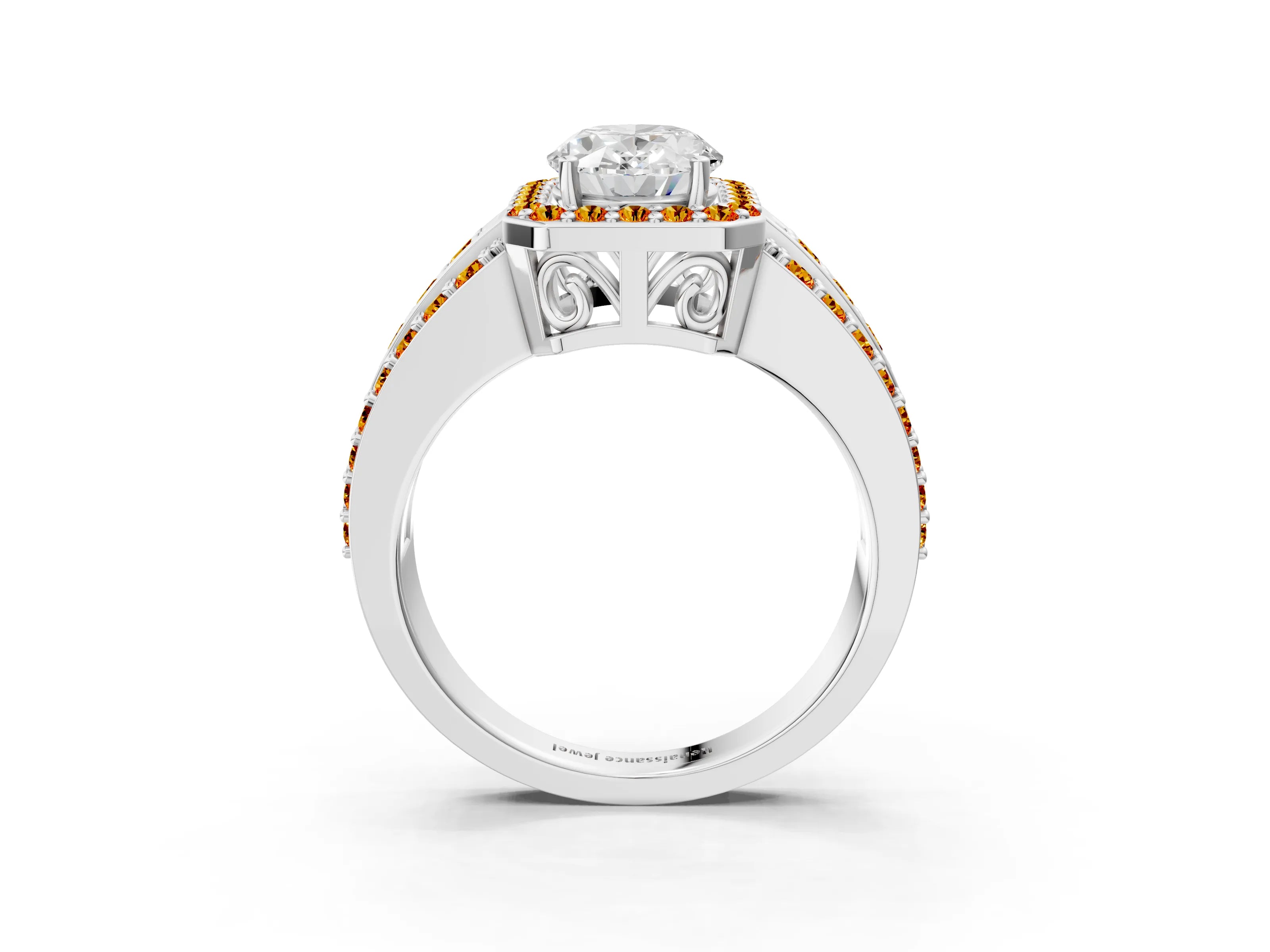 White gold Oval Cut Halo Diamond Ring with Round with Citrine side stone Split Shank and Prong Setting_15