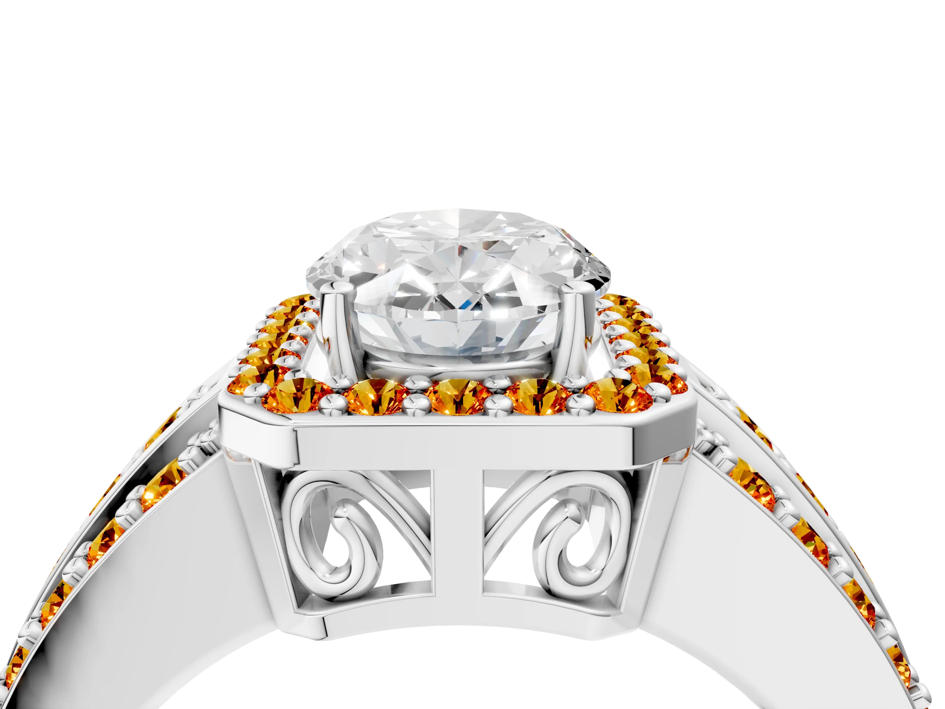 White gold Oval Cut Halo Diamond Ring with Round with Citrine side stone Split Shank and Prong Setting_16