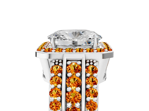 White gold Oval Cut Halo Diamond Ring with Round with Citrine side stone Split Shank and Prong Setting_17