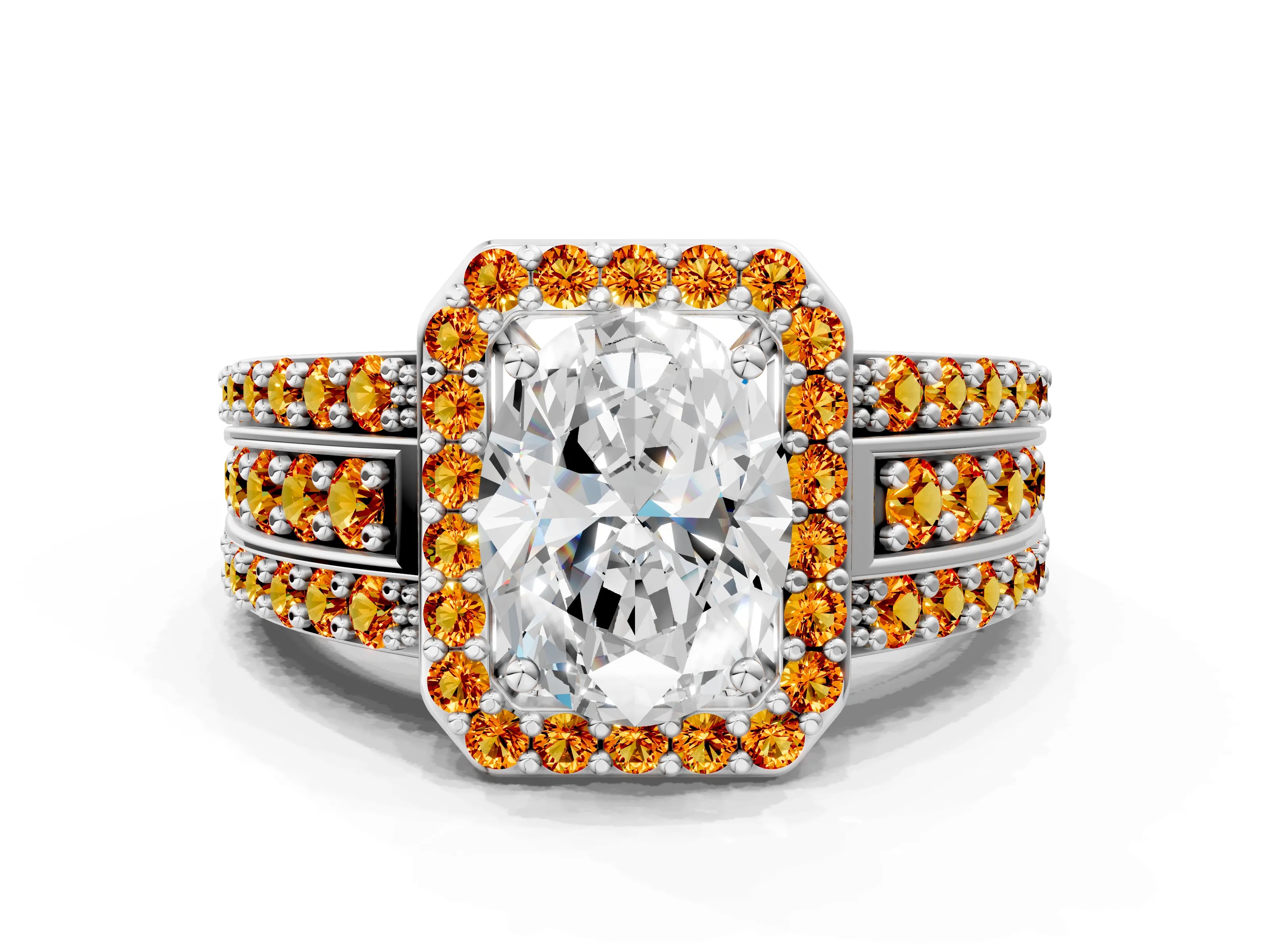 White gold Oval Cut Halo Diamond Ring with Round with Citrine side stone Split Shank and Prong Setting_24
