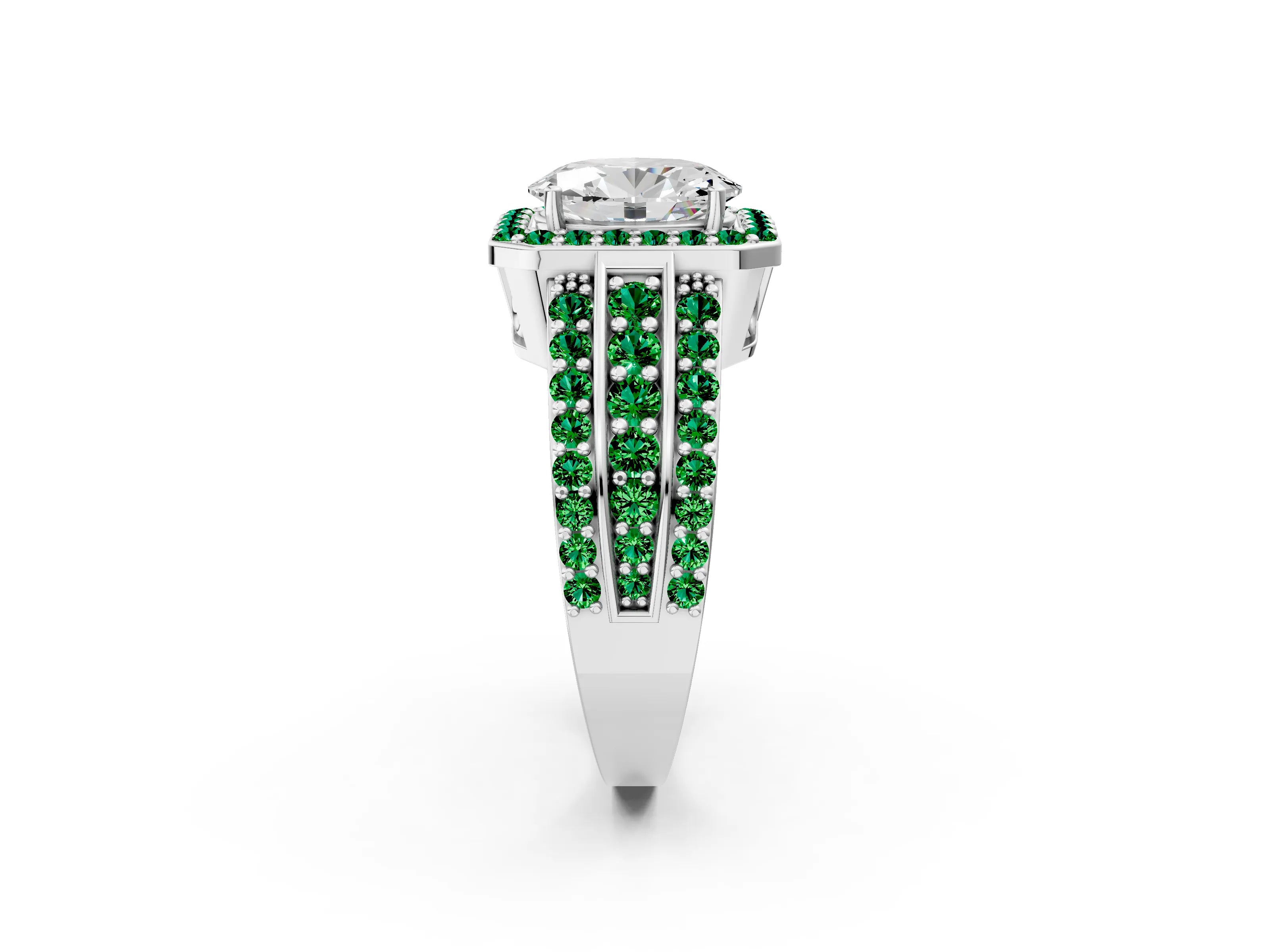 White gold Oval Cut Halo Diamond Ring with Round with Emerald side stone Split Shank and Prong Setting_14