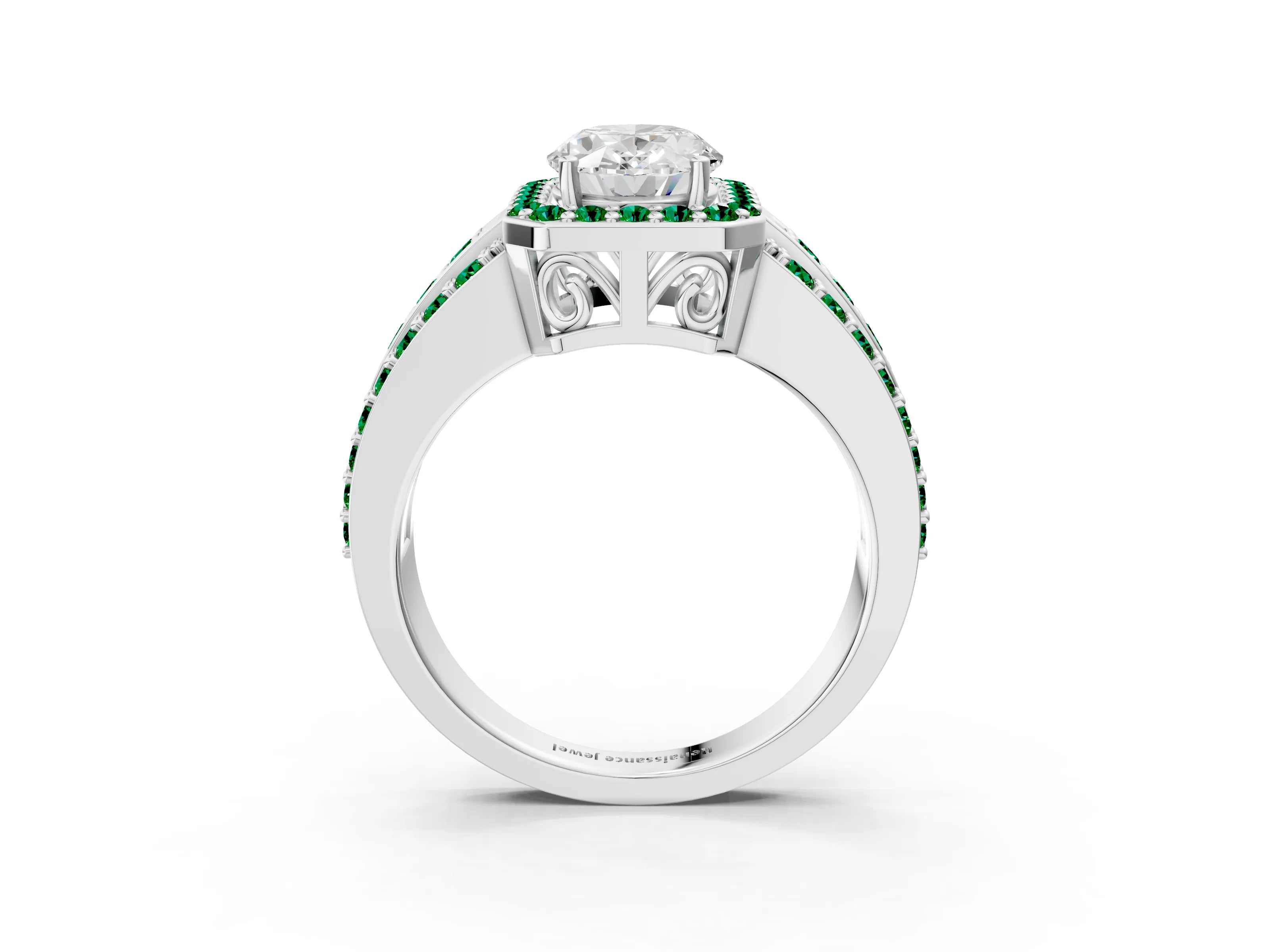 White gold Oval Cut Halo Diamond Ring with Round with Emerald side stone Split Shank and Prong Setting_15