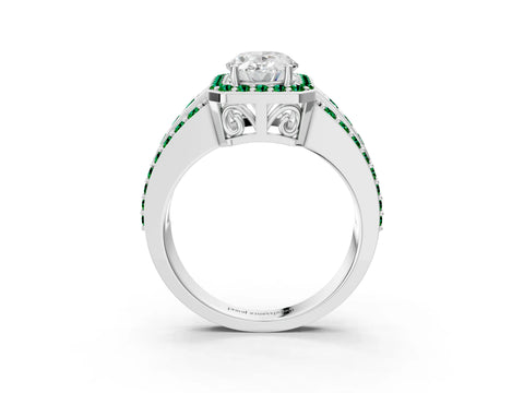 White gold Oval Cut Halo Diamond Ring with Round with Emerald side stone Split Shank and Prong Setting_15