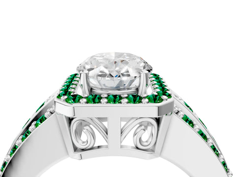 White gold Oval Cut Halo Diamond Ring with Round with Emerald side stone Split Shank and Prong Setting_16
