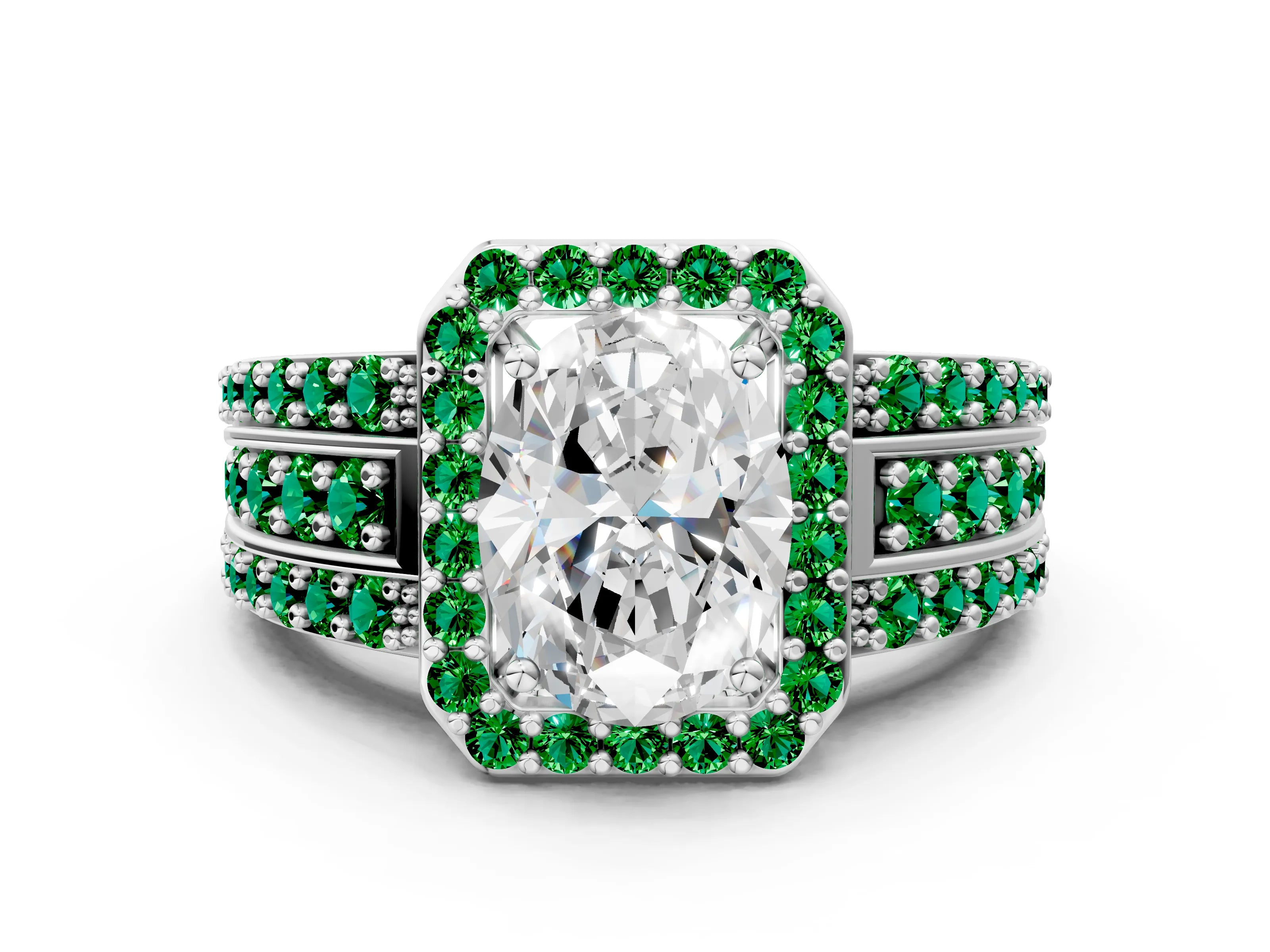 White gold Oval Cut Halo Diamond Ring with Round with Emerald side stone Split Shank and Prong Setting_36