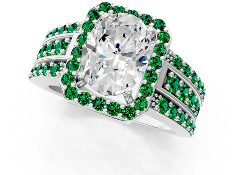White gold Oval Cut Halo Diamond Ring with Round with Emerald side stone Split Shank and Prong Setting_37