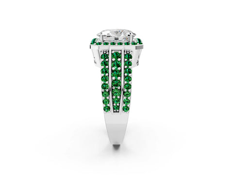 White gold Oval Cut Halo Diamond Ring with Round with Emerald side stone Split Shank and Prong Setting_38
