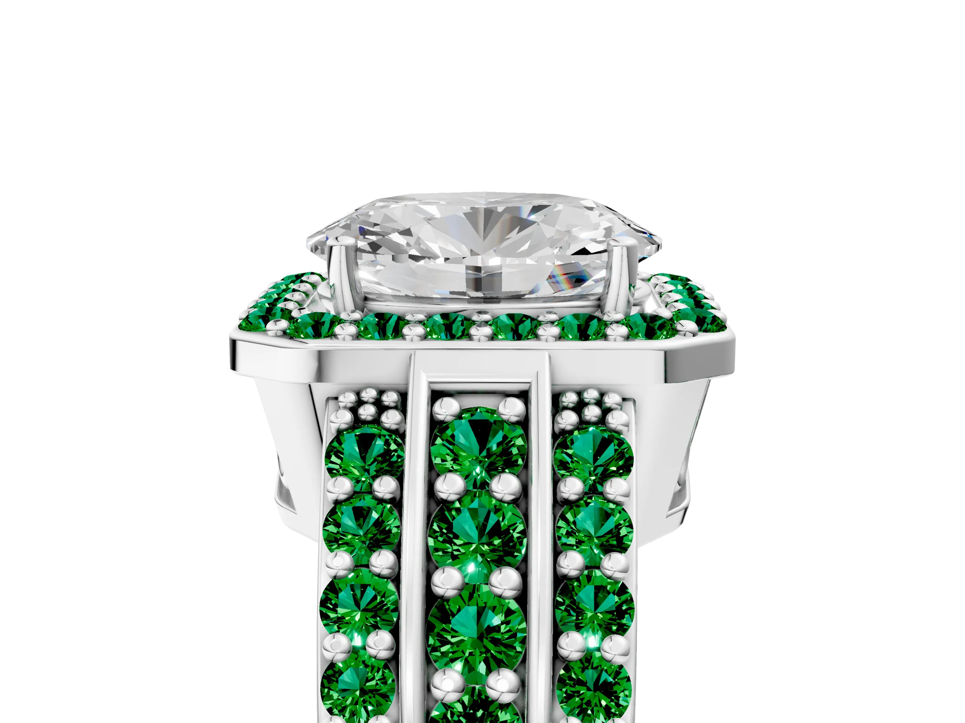 White gold Oval Cut Halo Diamond Ring with Round with Emerald side stone Split Shank and Prong Setting_41