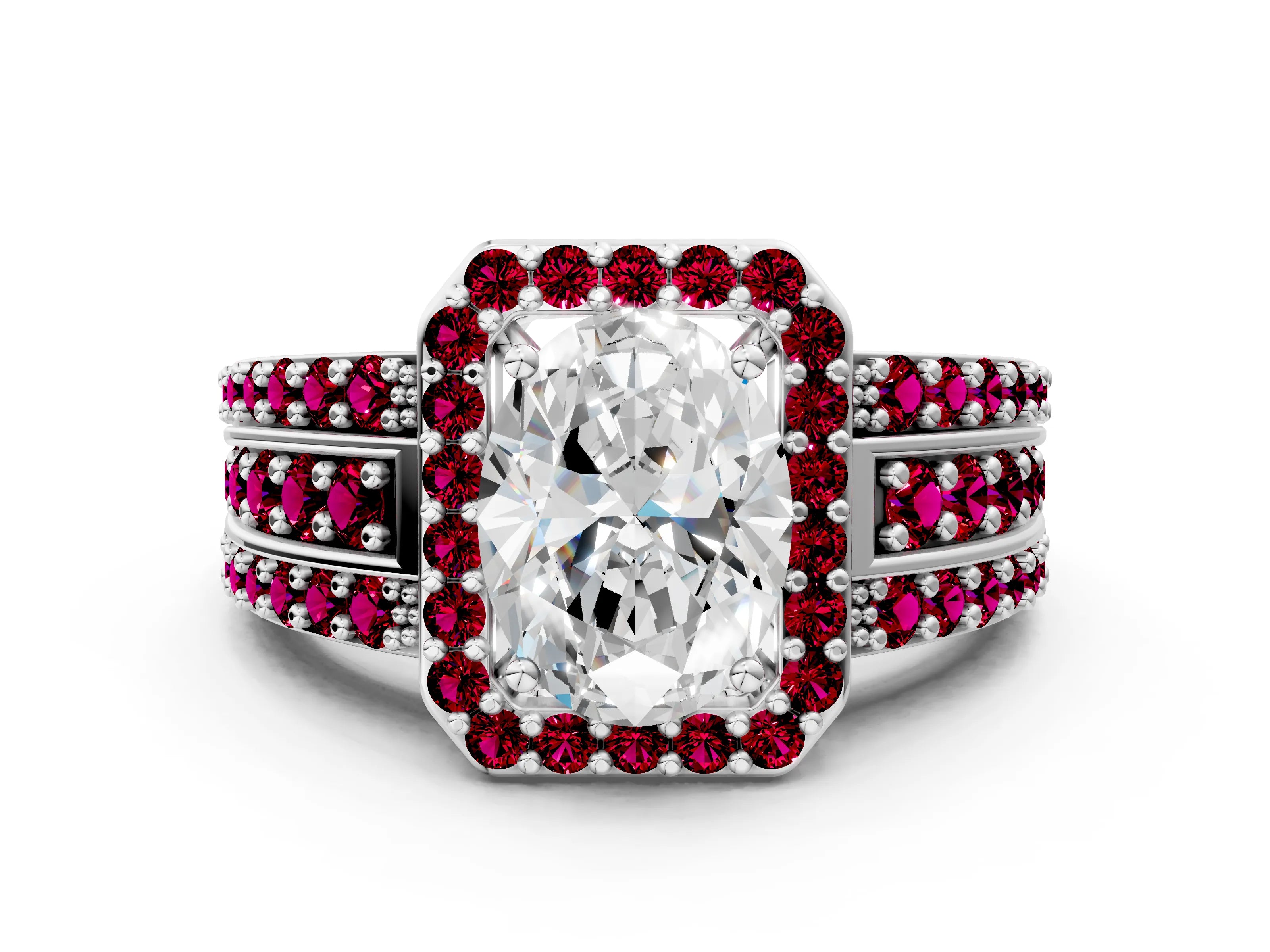 White gold Oval Cut Halo Diamond Ring with Round with Garnet side stone Split Shank and Prong Setting_12