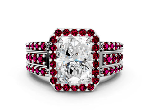 White gold Oval Cut Halo Diamond Ring with Round with Garnet side stone Split Shank and Prong Setting_12