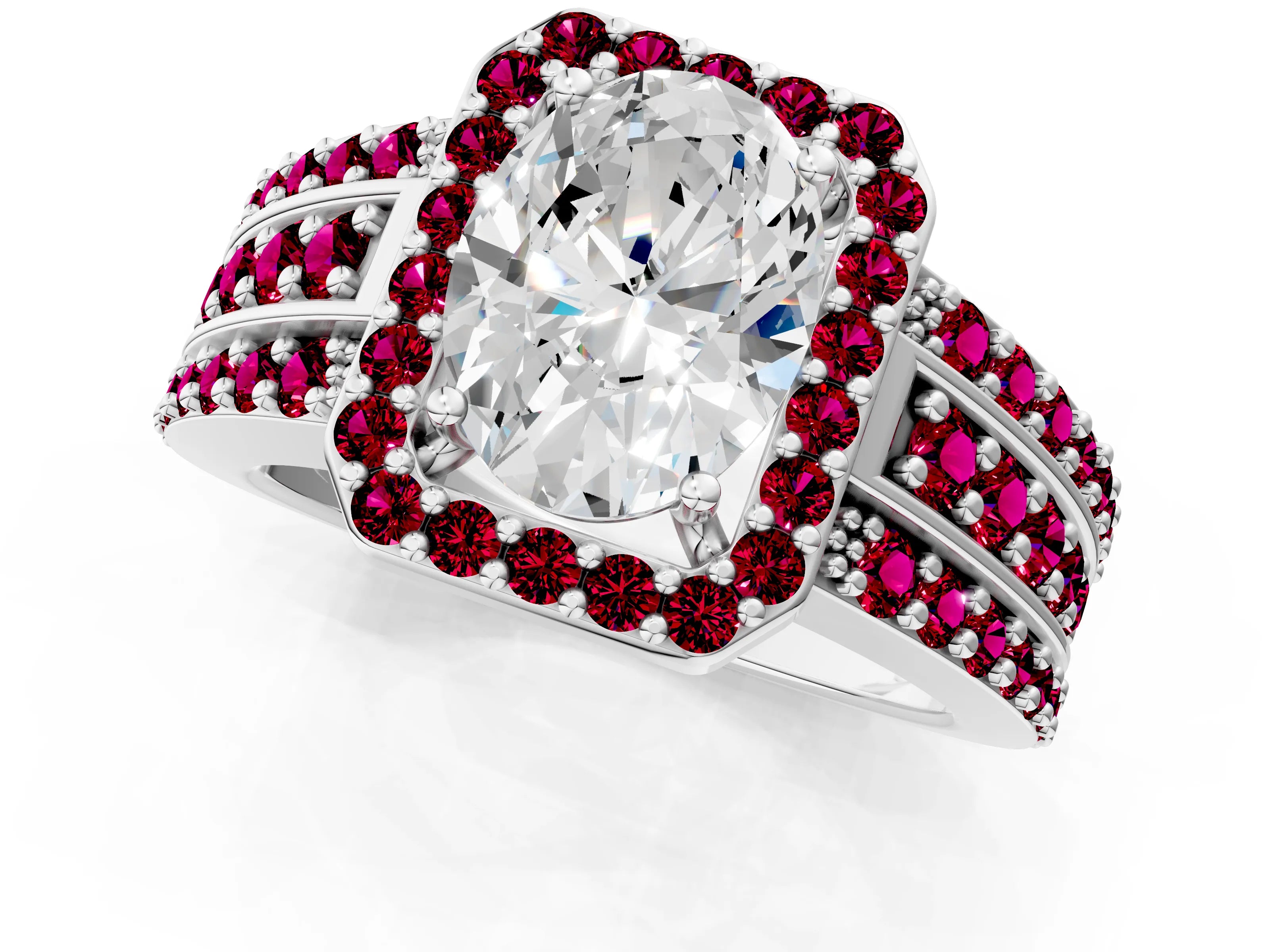 White gold Oval Cut Halo Diamond Ring with Round with Garnet side stone Split Shank and Prong Setting_13
