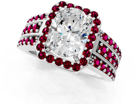 White gold Oval Cut Halo Diamond Ring with Round with Garnet side stone Split Shank and Prong Setting_13