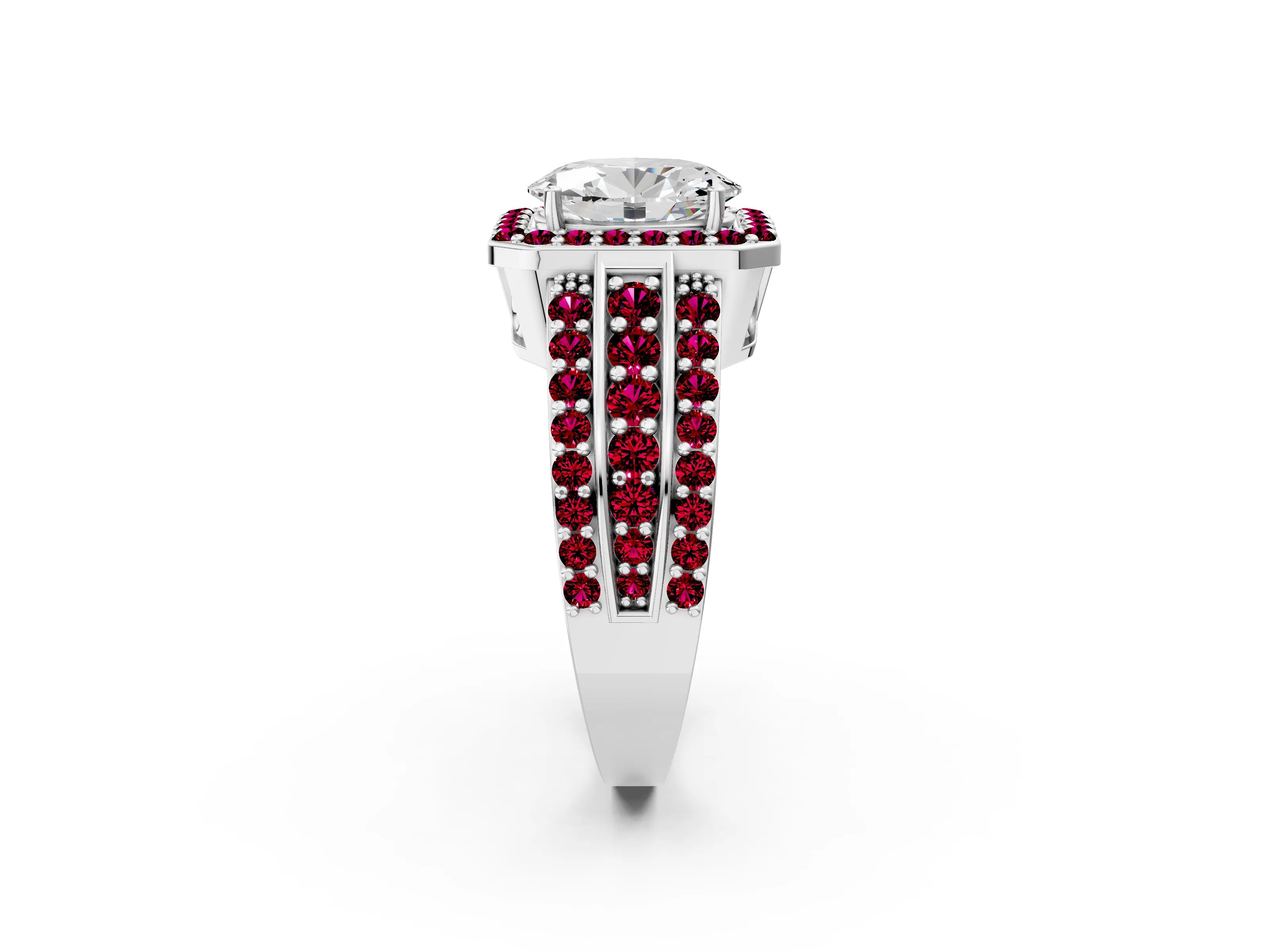 White gold Oval Cut Halo Diamond Ring with Round with Garnet side stone Split Shank and Prong Setting_14