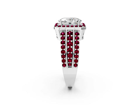 White gold Oval Cut Halo Diamond Ring with Round with Garnet side stone Split Shank and Prong Setting_14